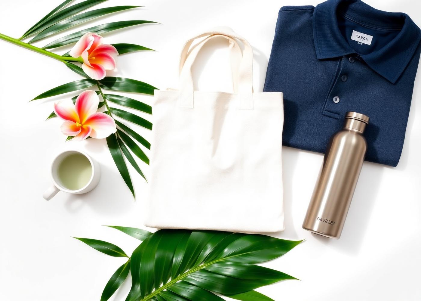 Productos promocionales personalizados: taza, bolsa de tela, camisa polo y botella, con hojas tropicales